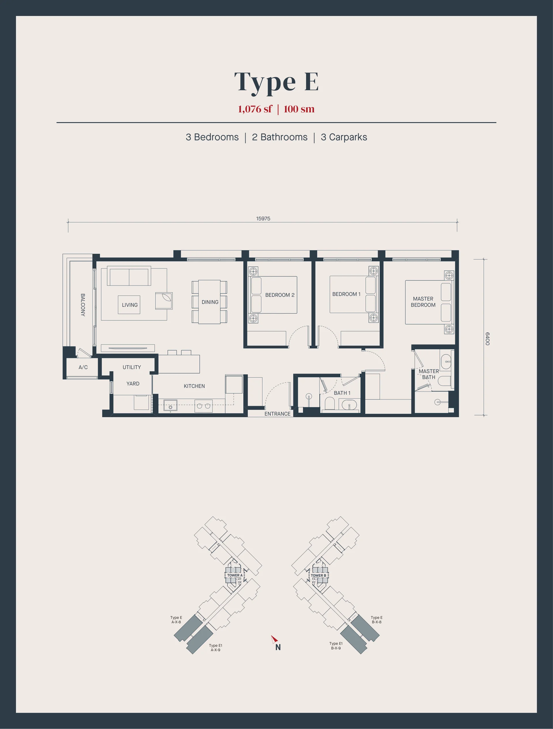 AVÉA Type E floor plan 1076 sq ft 3 bedrooms 2 bathrooms 3 carparks